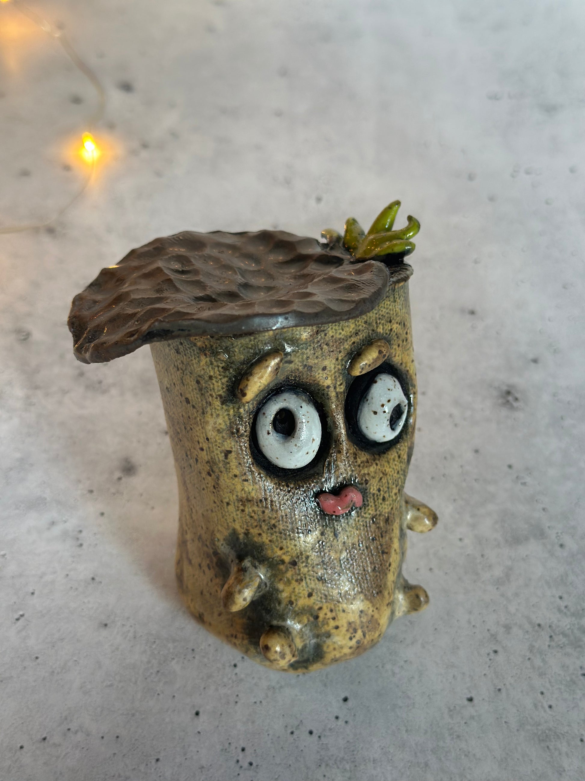 Ceramic acorn with a textured top and face on a concrete surface