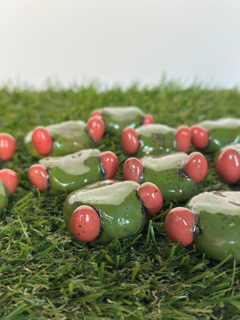 Green and pink frogs on a grassy surface
