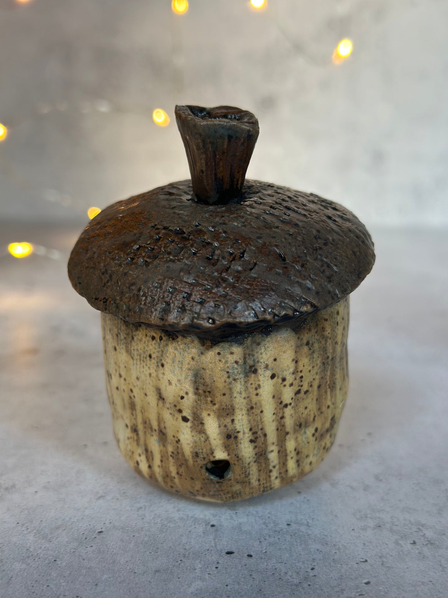 Ceramic acorn with textured surface on a neutral background
