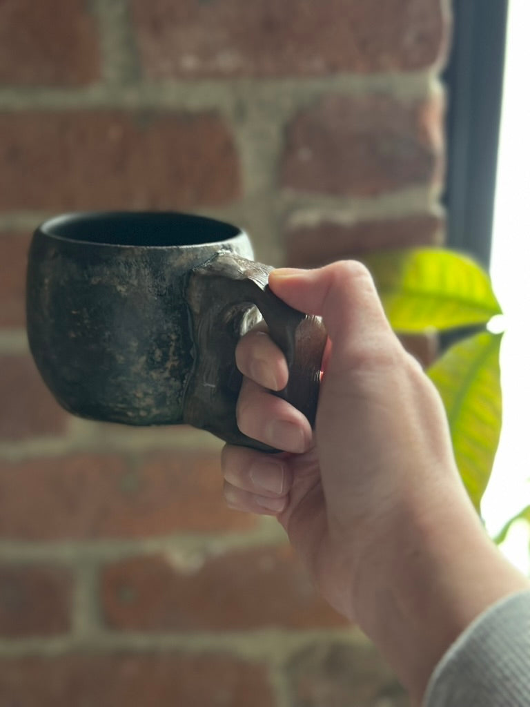 Hand holding a rustic mug against a brick wall with a plant in the background